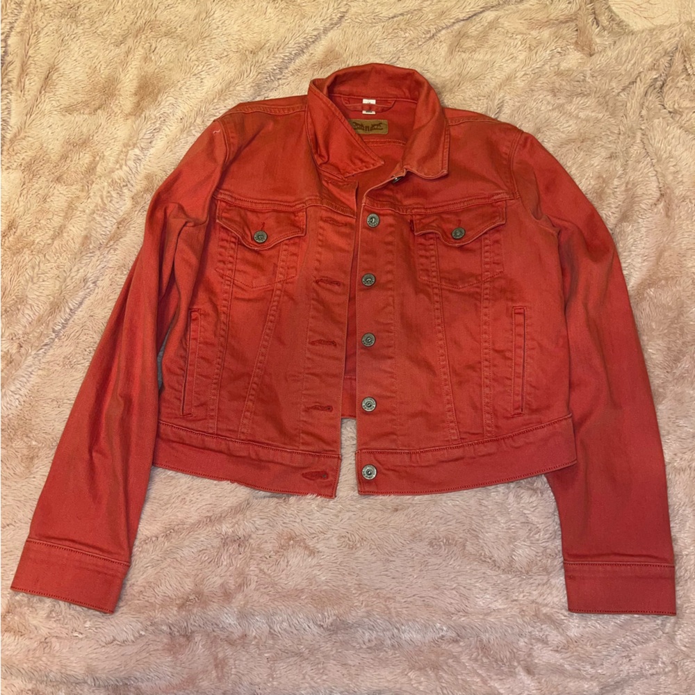 Cropped Red Denim Jacket